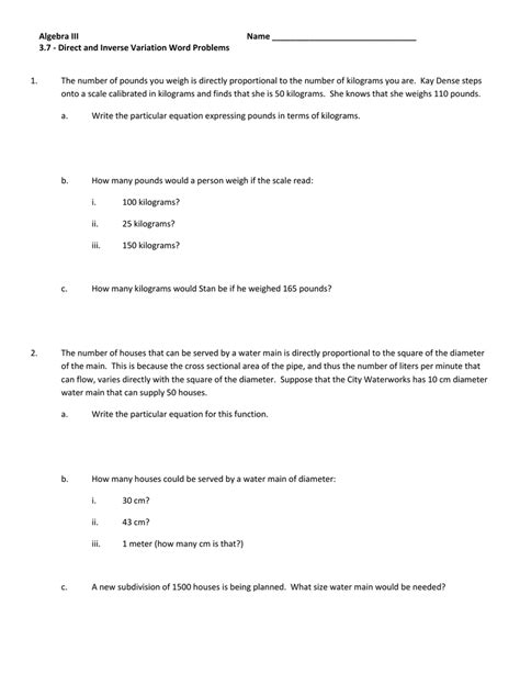 direct and inverse variation word problems worksheet with answers pdf